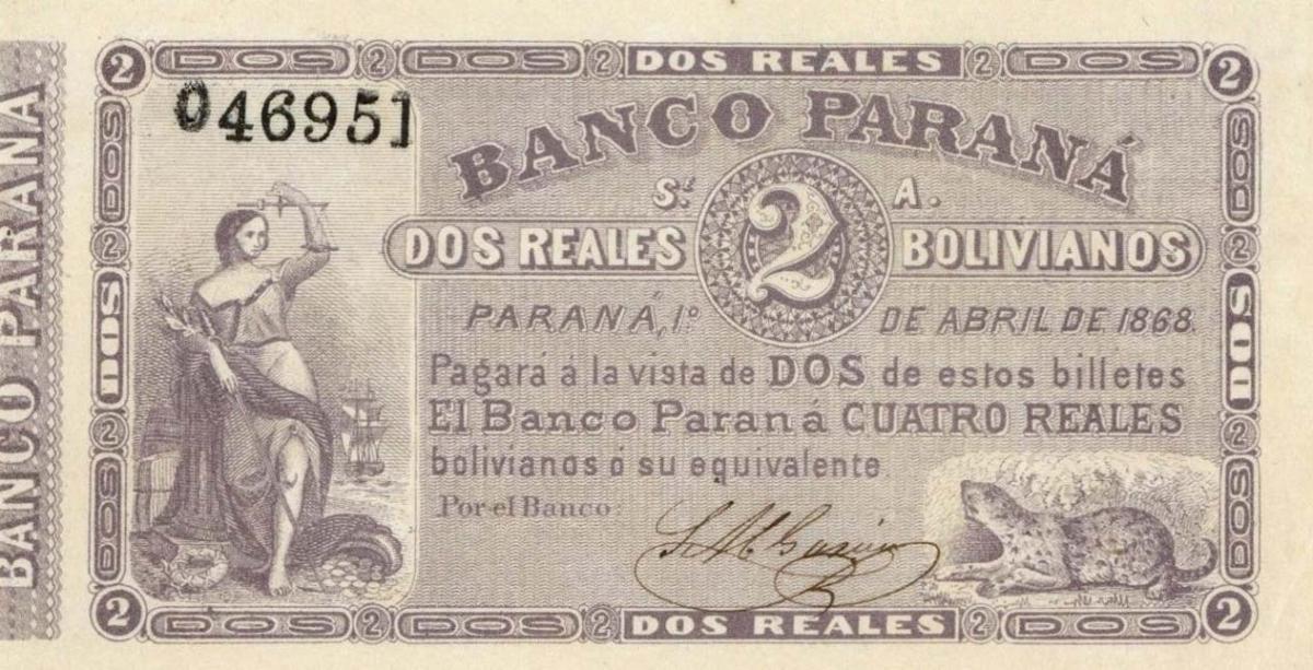 Front of Argentina pS1813a: 2 Real Boliviano from 1869
