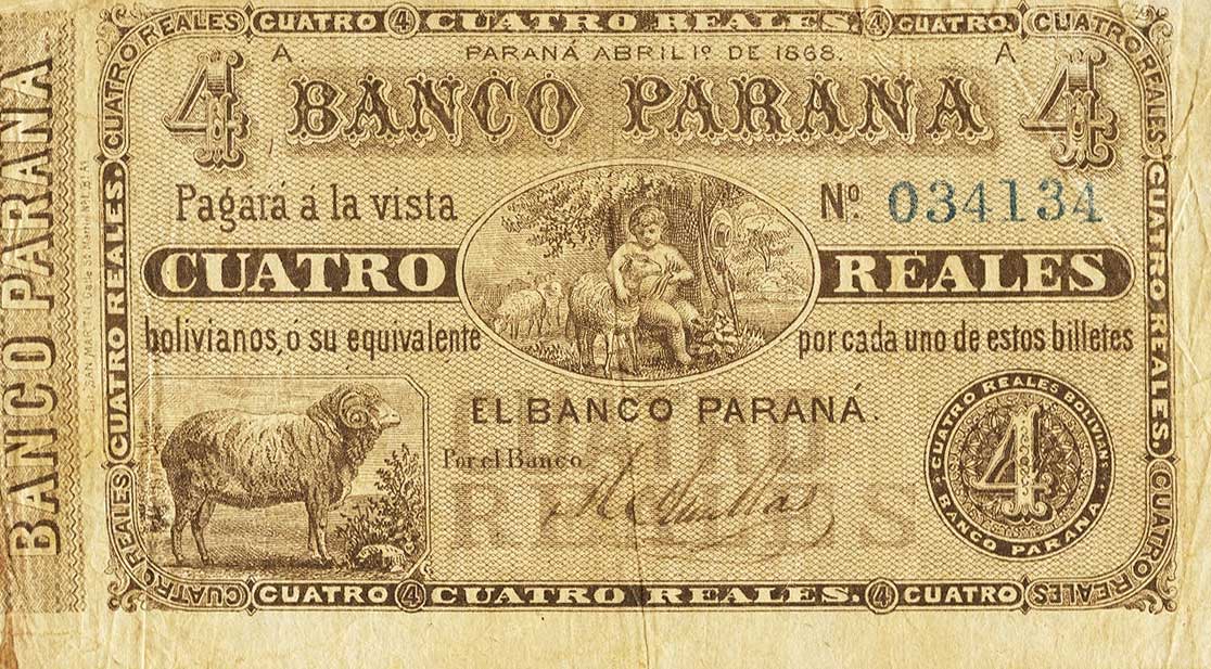 Front of Argentina pS1814a: 4 Real Boliviano from 1868