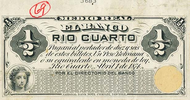 Front of Argentina pS1821p: 0.5 Real Boliviano from 1874