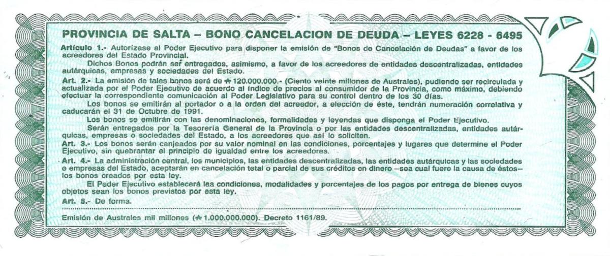 Back of Argentina pS2623d: 100 Australes from 1988
