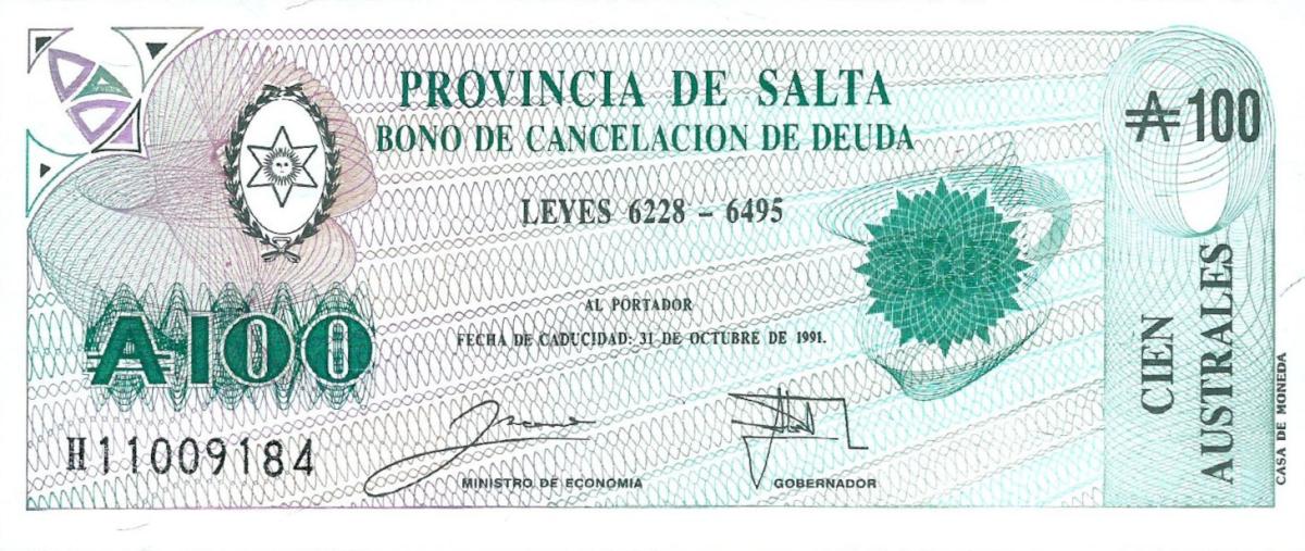 Front of Argentina pS2623d: 100 Australes from 1988