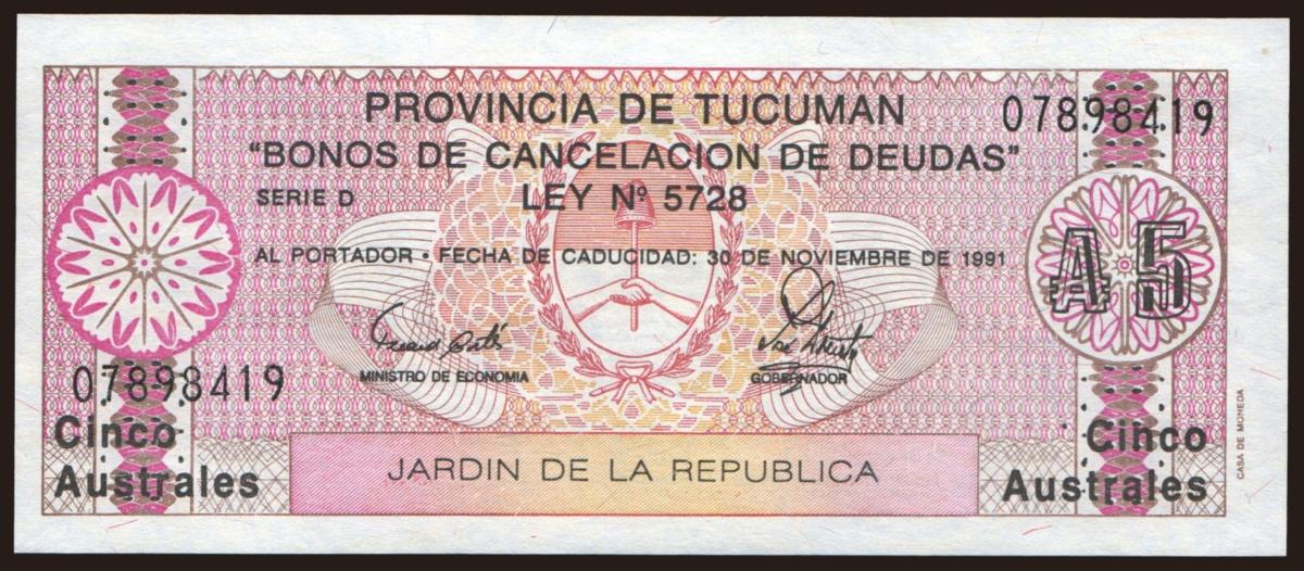 Front of Argentina pS2712b: 5 Australes from 1991