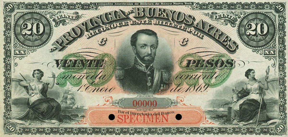 Front of Argentina pS487s: 20 Pesos from 1869