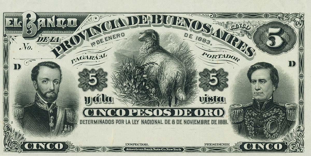 Front of Argentina pS538p: 5 Pesos Oro from 1883