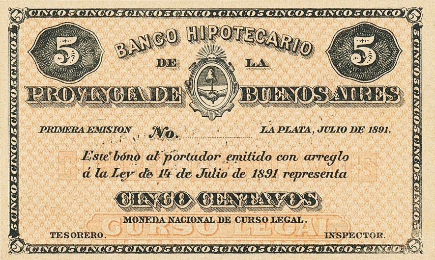 Front of Argentina pS611p: 5 Centavos from 1891