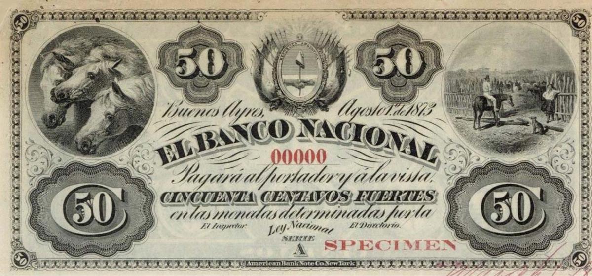 Front of Argentina pS647s: 50 Centavos Fuertes from 1873