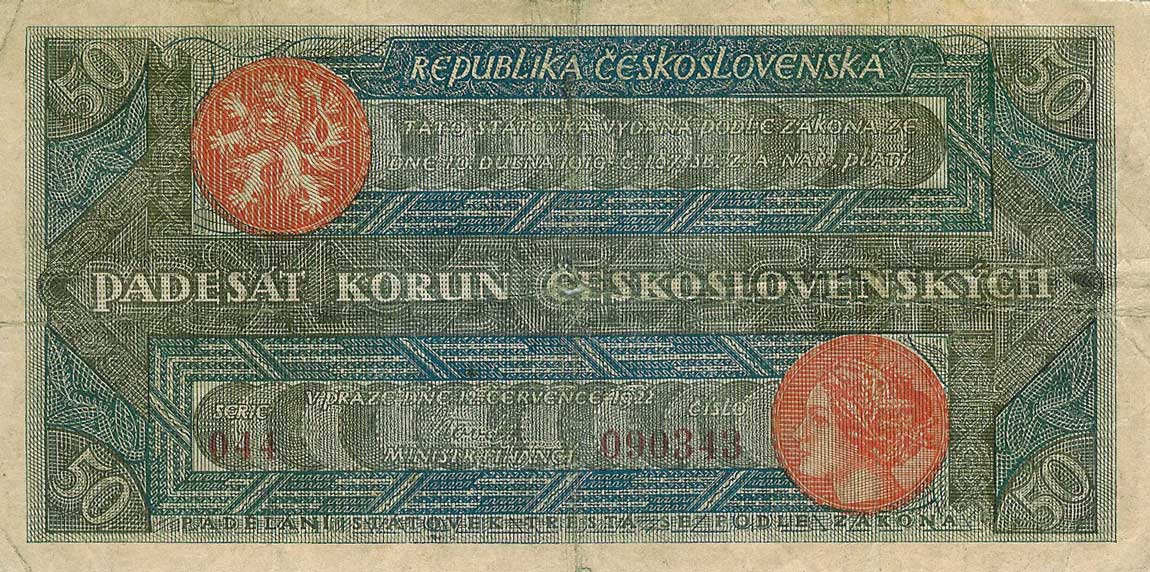 Front of Czechoslovakia p16a: 50 Korun from 1922
