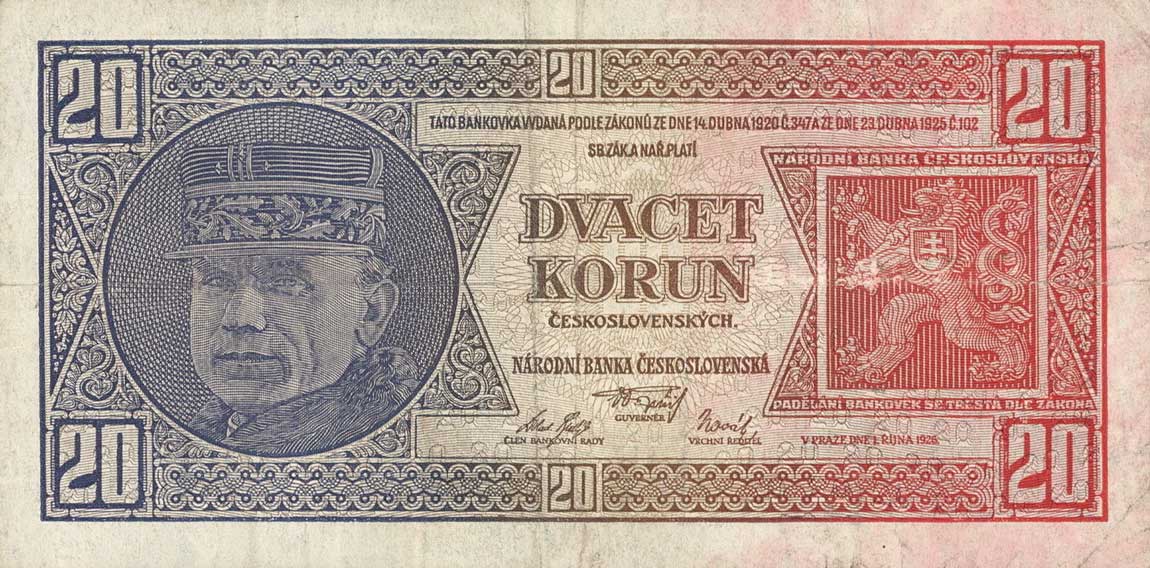 Front of Czechoslovakia p21a: 20 Korun from 1926