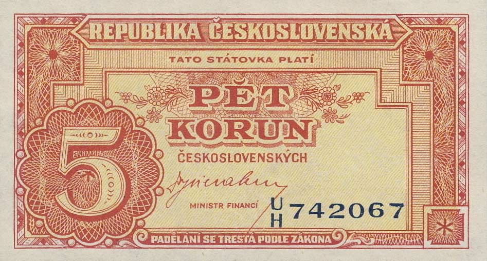Front of Czechoslovakia p59a: 5 Korun from 1945