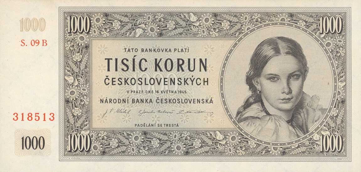 Front of Czechoslovakia p74b: 1000 Korun from 1945