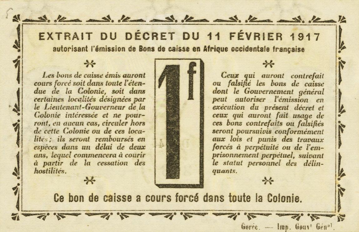 Back of Dahomey p2a: 1 Franc from 1917