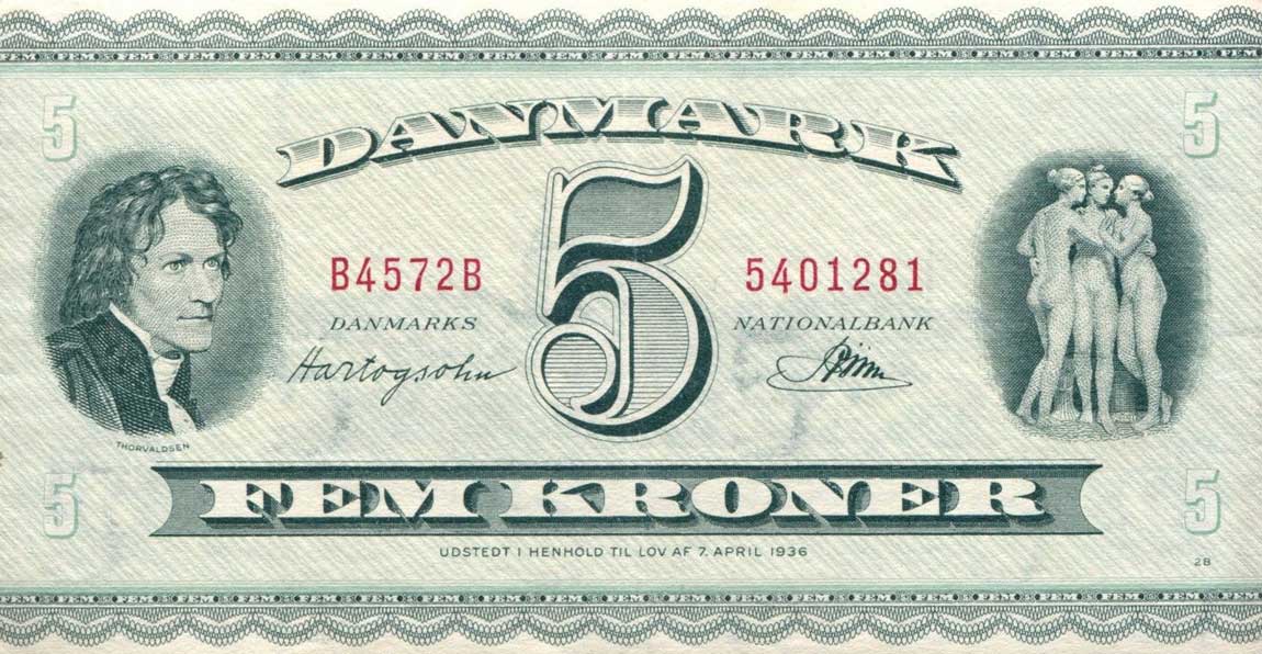 Front of Denmark p42m: 5 Kroner from 1956