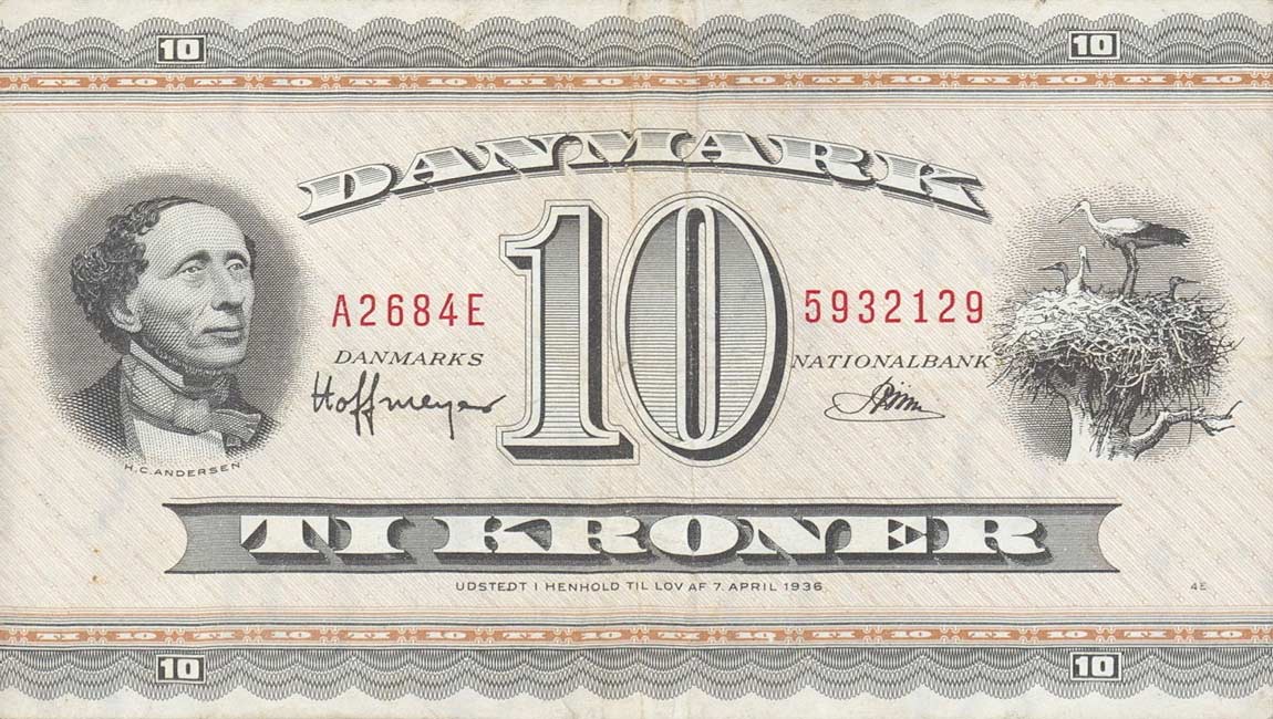 Front of Denmark p44z: 10 Kroner from 1968