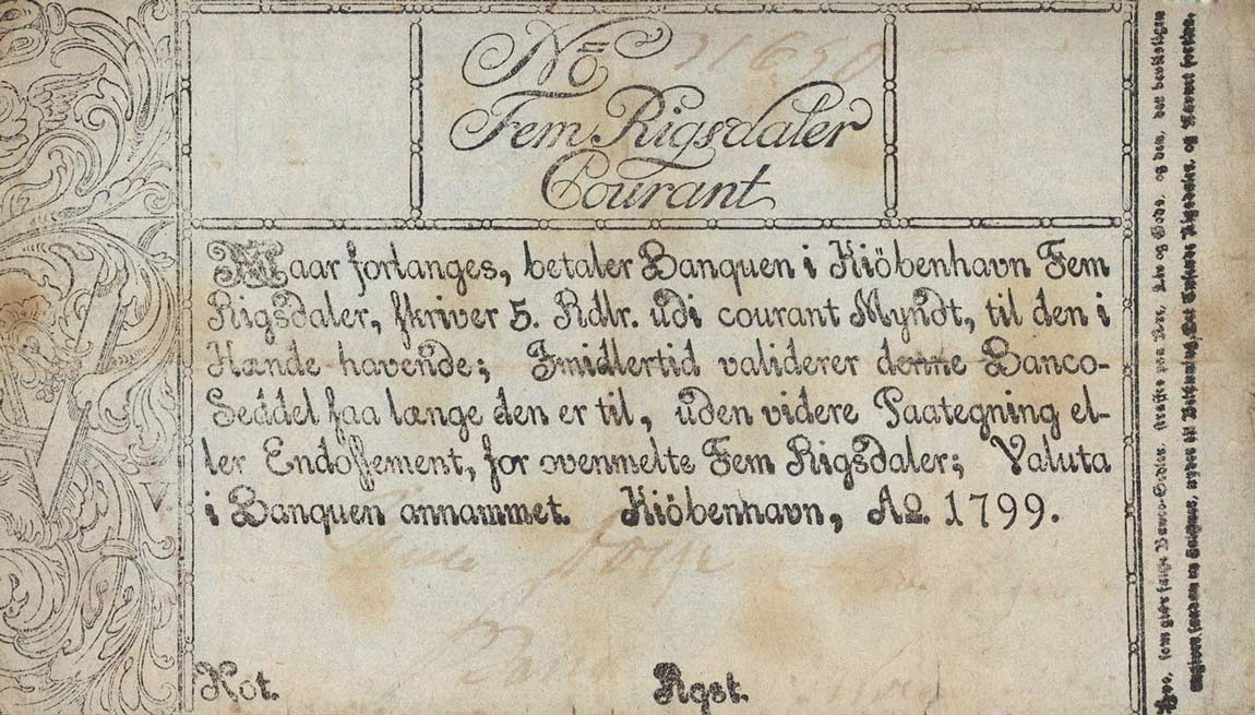 Front of Denmark pA29b: 5 Rigsdaler Courant from 1786