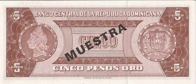 Back of Dominican Republic p100s3: 5 Pesos Oro from 1964