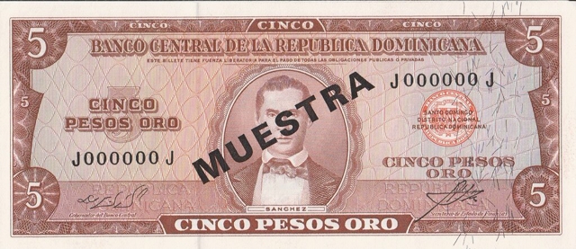 Front of Dominican Republic p100s3: 5 Pesos Oro from 1964