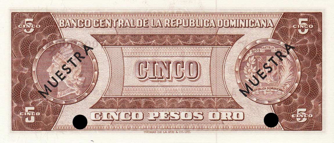 Back of Dominican Republic p100s1: 5 Pesos Oro from 1964