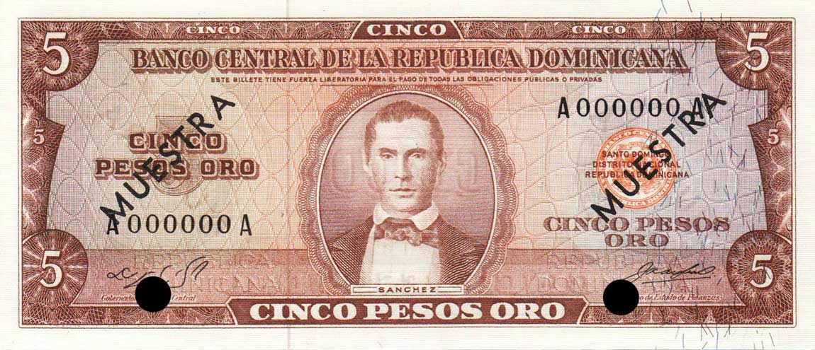 Front of Dominican Republic p100s1: 5 Pesos Oro from 1964
