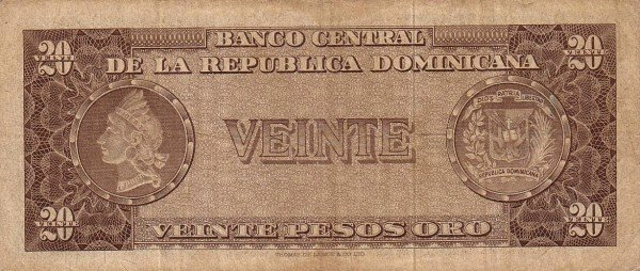 Back of Dominican Republic p102a: 20 Pesos Oro from 1964