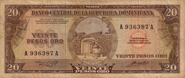 Front of Dominican Republic p102a: 20 Pesos Oro from 1964