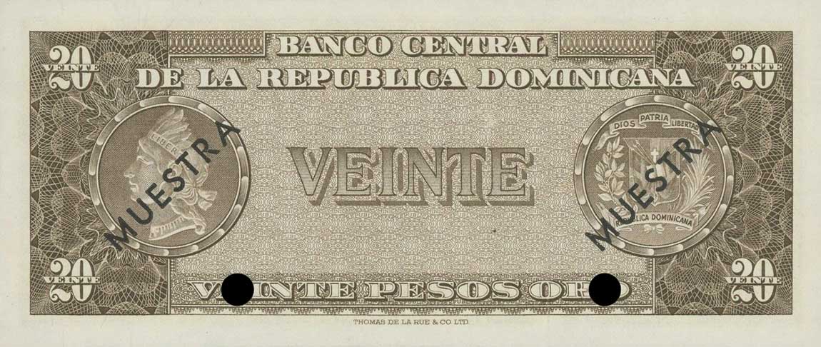 Back of Dominican Republic p102s1: 20 Pesos Oro from 1964