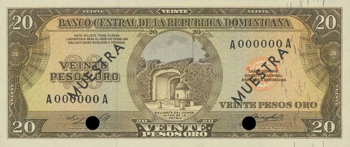 Front of Dominican Republic p102s1: 20 Pesos Oro from 1964
