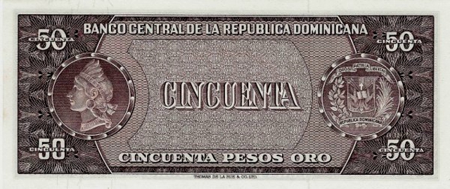 Back of Dominican Republic p103a: 50 Pesos Oro from 1964