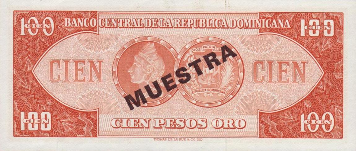 Back of Dominican Republic p104s3: 100 Pesos Oro from 1964