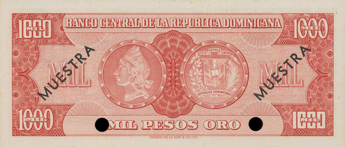 Back of Dominican Republic p106s2: 1000 Pesos Oro from 1964