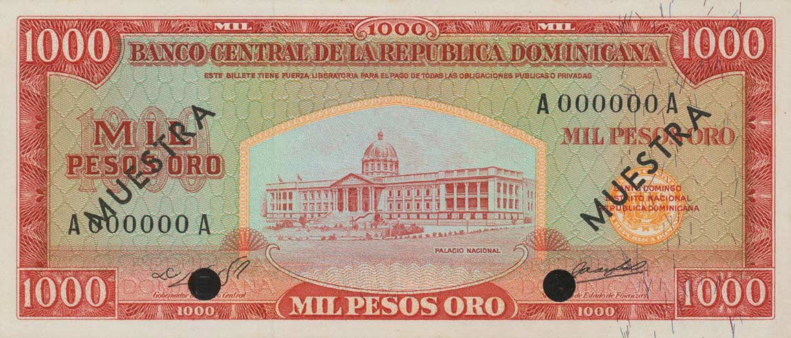 Front of Dominican Republic p106s2: 1000 Pesos Oro from 1964