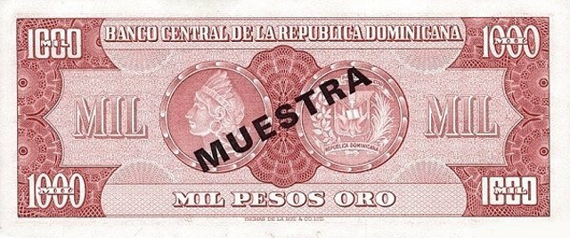 Back of Dominican Republic p106s3: 1000 Pesos Oro from 1964