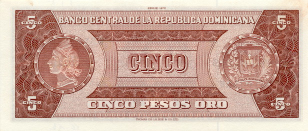 Back of Dominican Republic p109a: 5 Pesos Oro from 1975