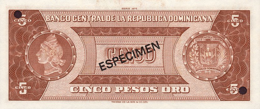 Back of Dominican Republic p109s: 5 Pesos Oro from 1975