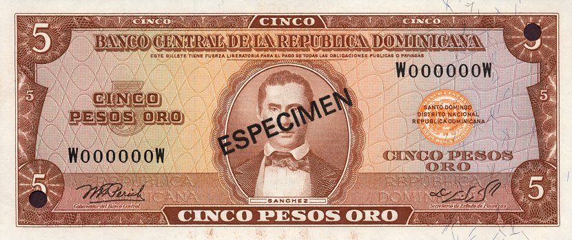 Front of Dominican Republic p109s: 5 Pesos Oro from 1975