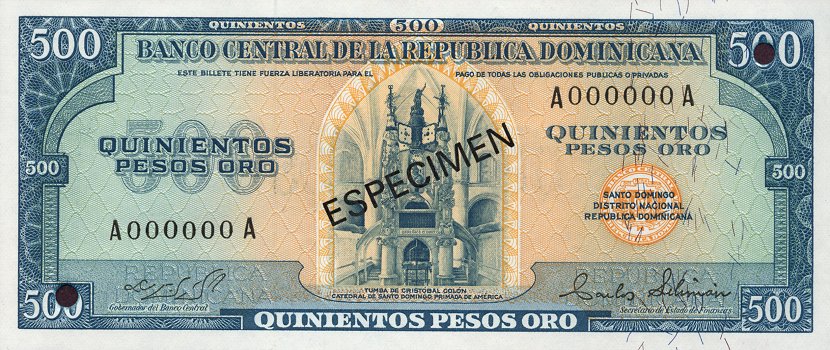 Front of Dominican Republic p114s: 500 Pesos Oro from 1975