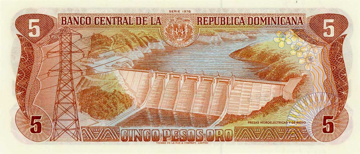 Back of Dominican Republic p118a: 5 Pesos Oro from 1978