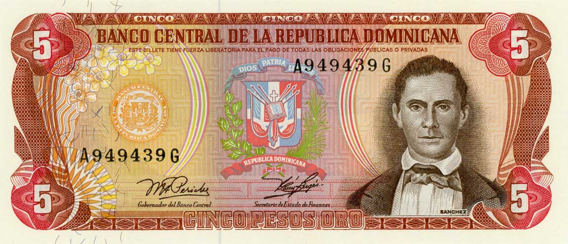 Front of Dominican Republic p118a: 5 Pesos Oro from 1978