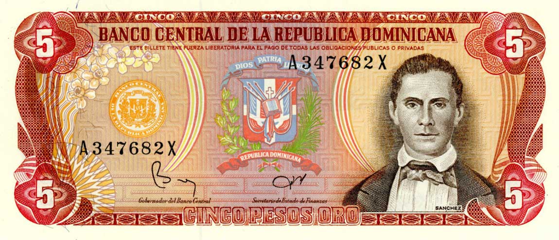 Front of Dominican Republic p118b: 5 Pesos Oro from 1980