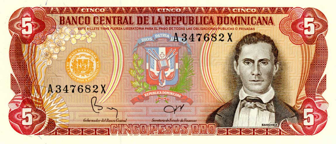 Front of Dominican Republic p118b: 5 Pesos Oro from 1980
