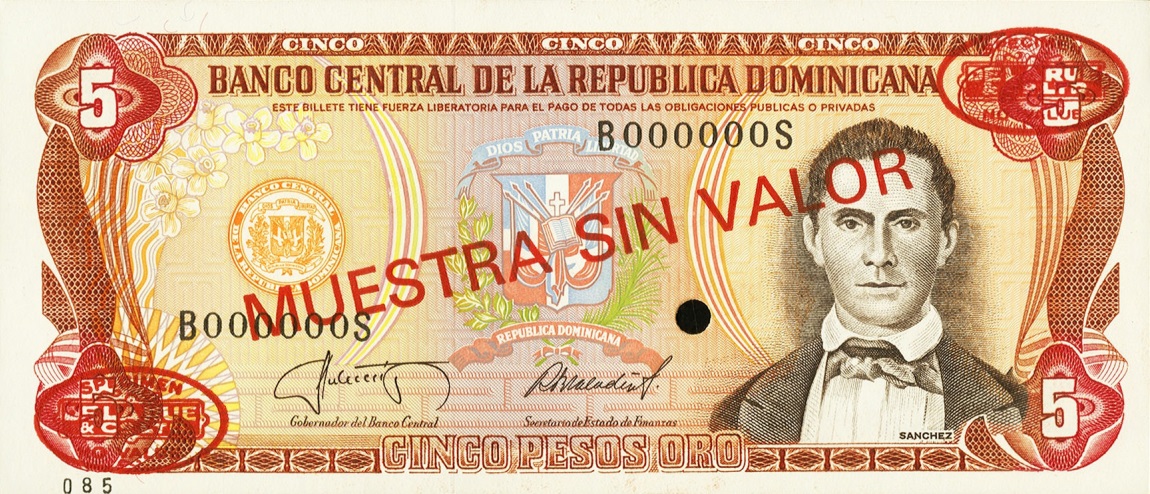 Front of Dominican Republic p118s2: 5 Pesos Oro from 1985