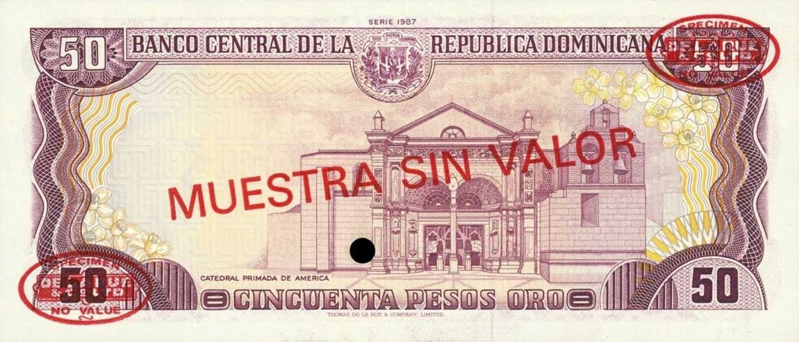 Back of Dominican Republic p121s3: 50 Pesos Oro from 1985