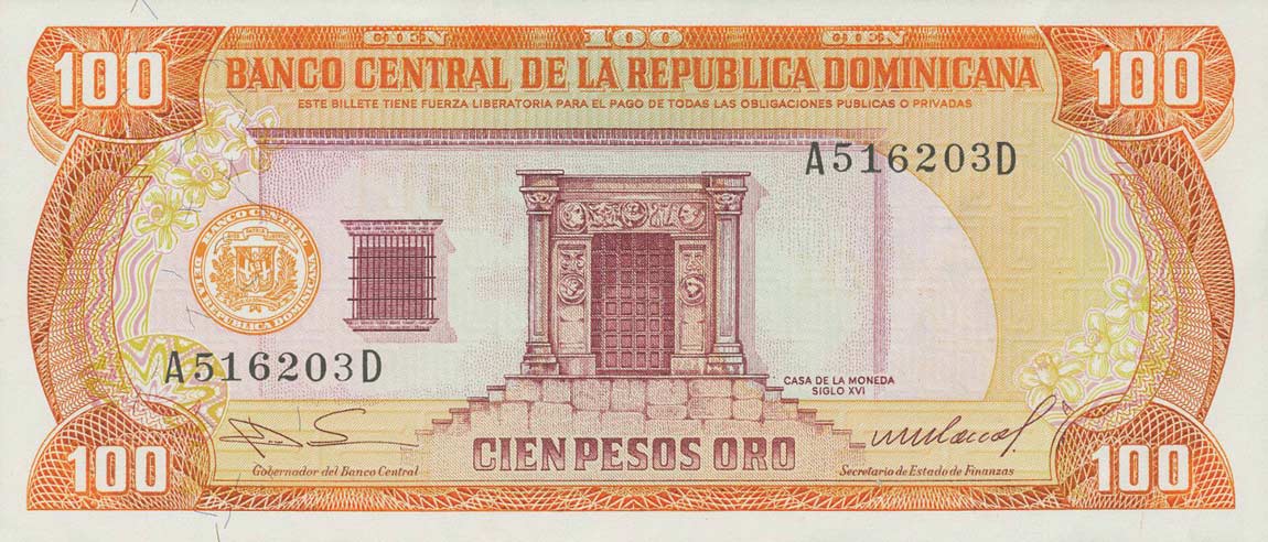 Front of Dominican Republic p122b: 100 Pesos Oro from 1984