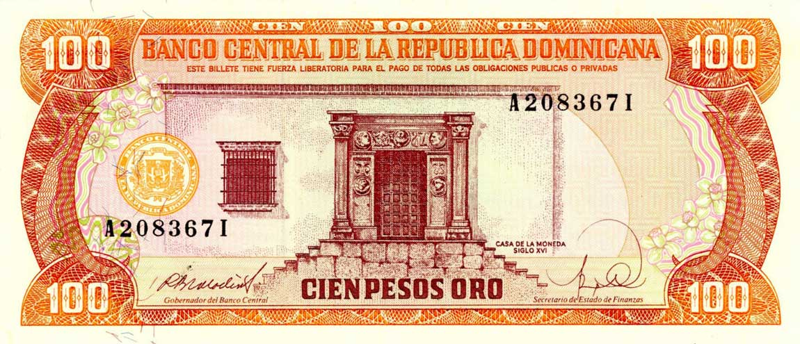 Front of Dominican Republic p128a: 100 Pesos Oro from 1988