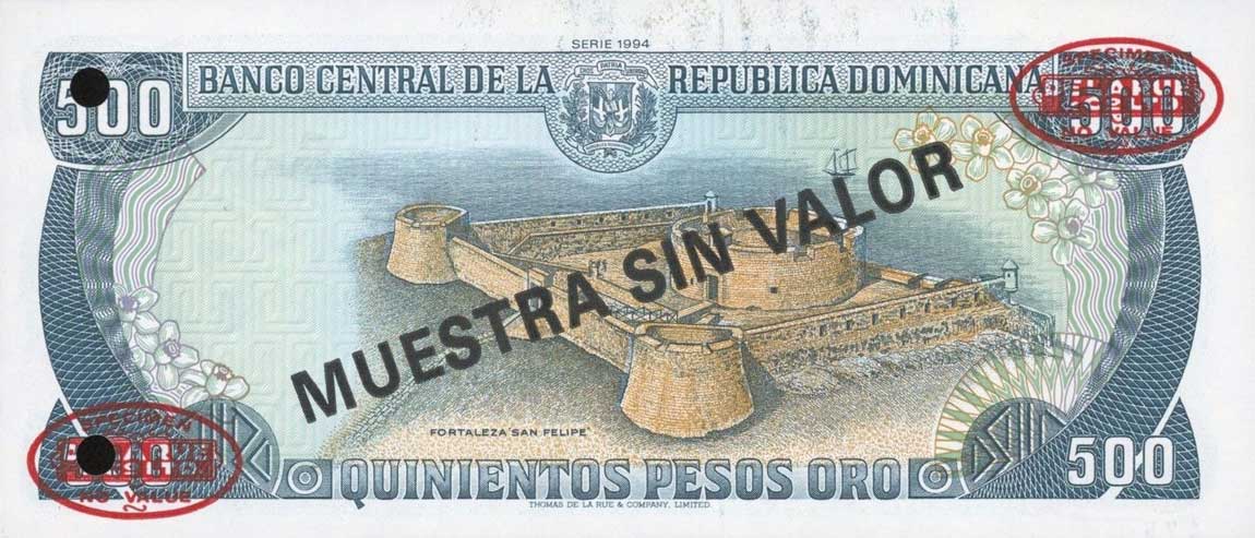 Back of Dominican Republic p137s2: 500 Pesos Oro from 1994