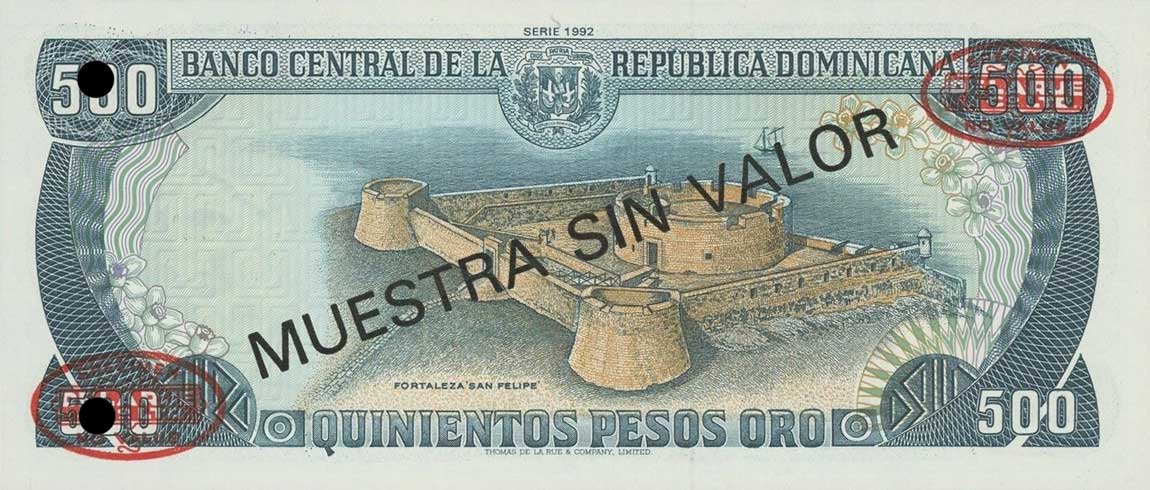 Back of Dominican Republic p141s: 500 Pesos Oro from 1992