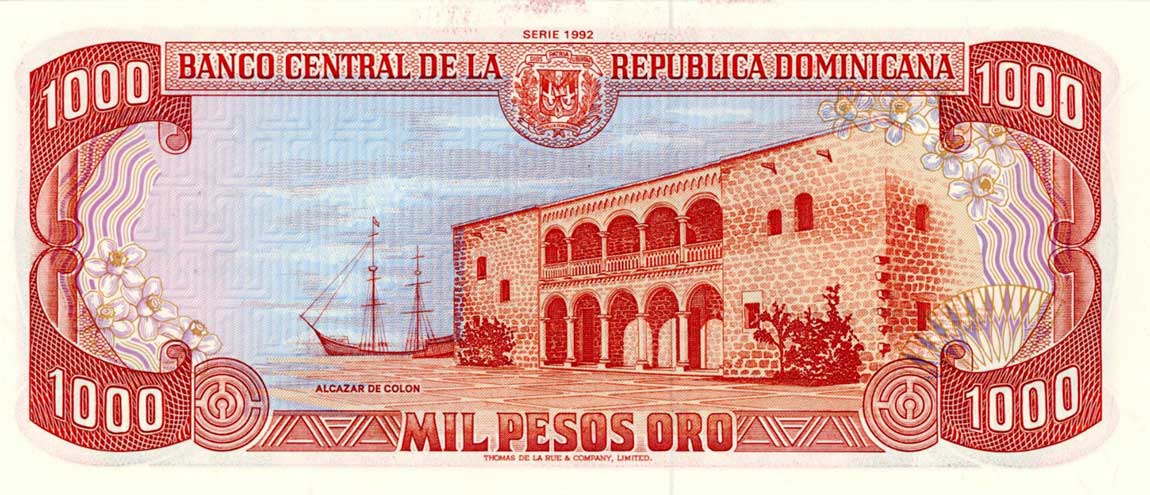 Back of Dominican Republic p142a: 1000 Pesos Oro from 1992