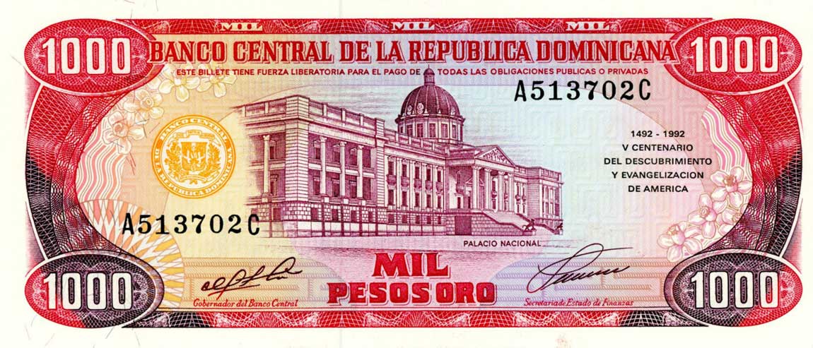 Front of Dominican Republic p142a: 1000 Pesos Oro from 1992