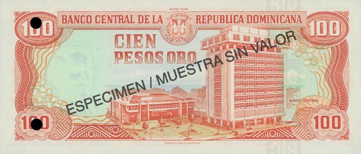 Back of Dominican Republic p150s: 100 Pesos Oro from 1995