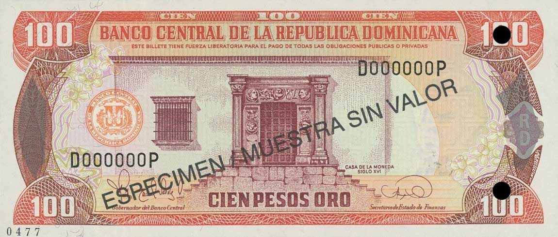 Front of Dominican Republic p150s: 100 Pesos Oro from 1995