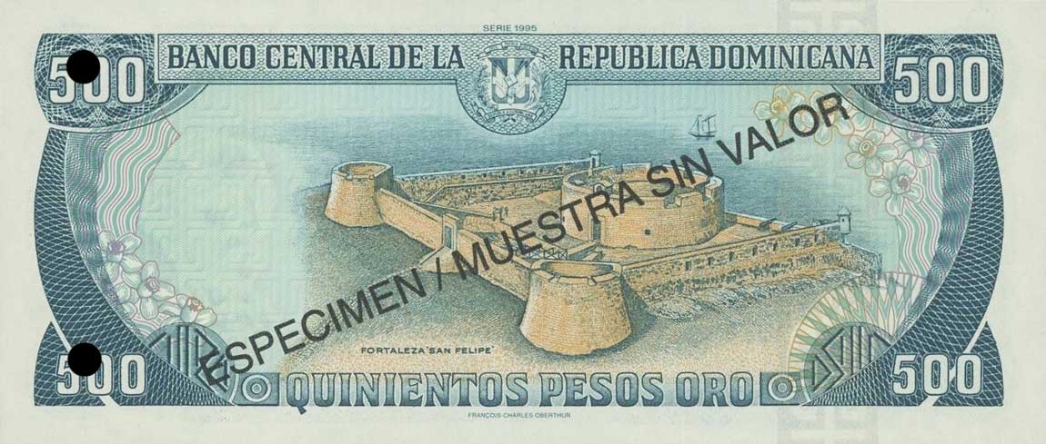 Back of Dominican Republic p151s: 500 Pesos Oro from 1995